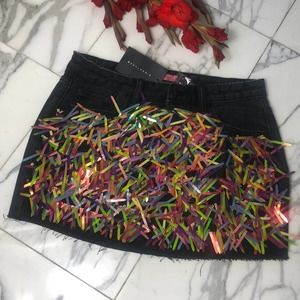 ASOS Jean Skirt Sequin Skirt Cut off Mini Skirt Fringe Skirt Size Medium NWT